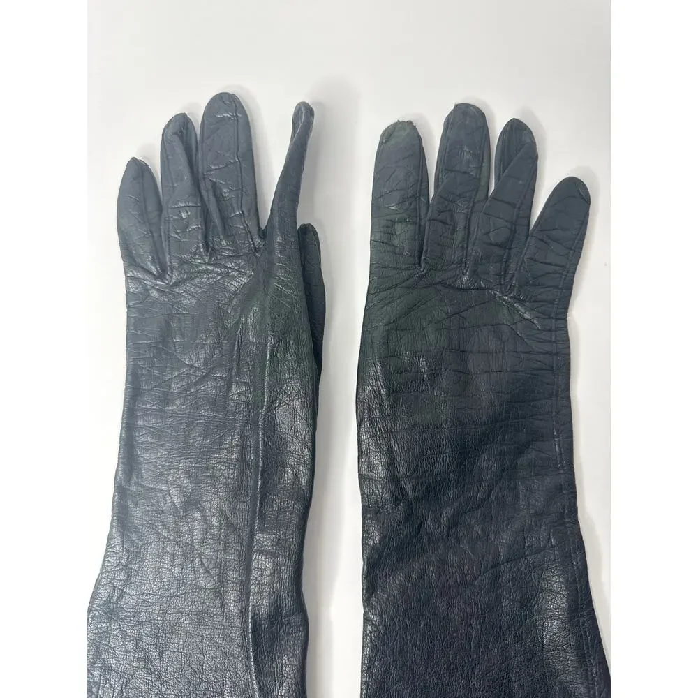 Vintage 50s–60s Alexander’s France Black Leather Silk Lining Opera Gloves size 7